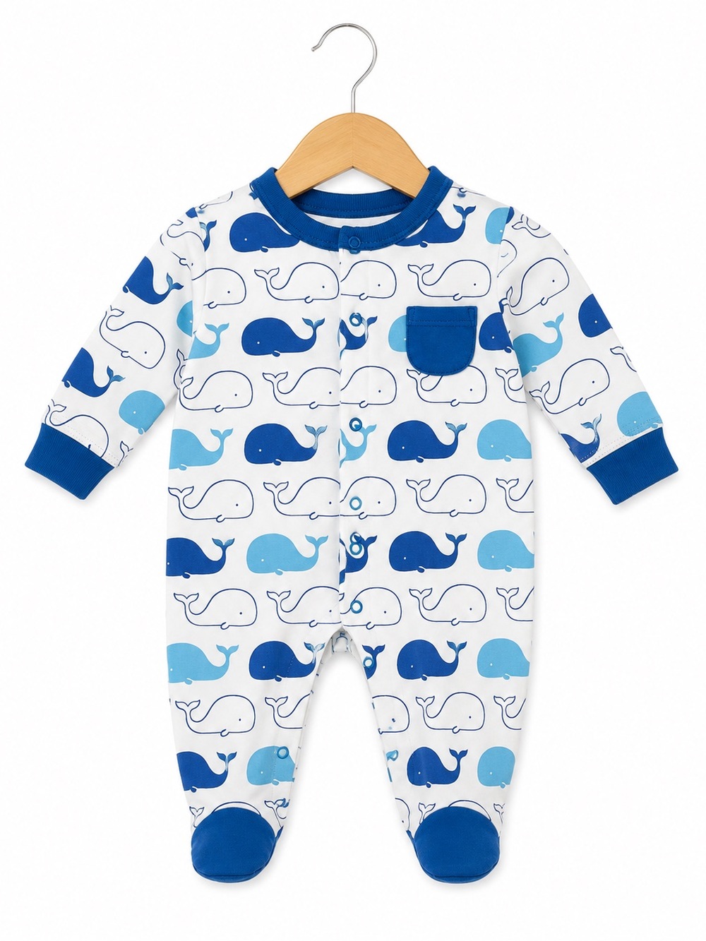 Source Unknown Blue and White Whale Print Footed Pajamas